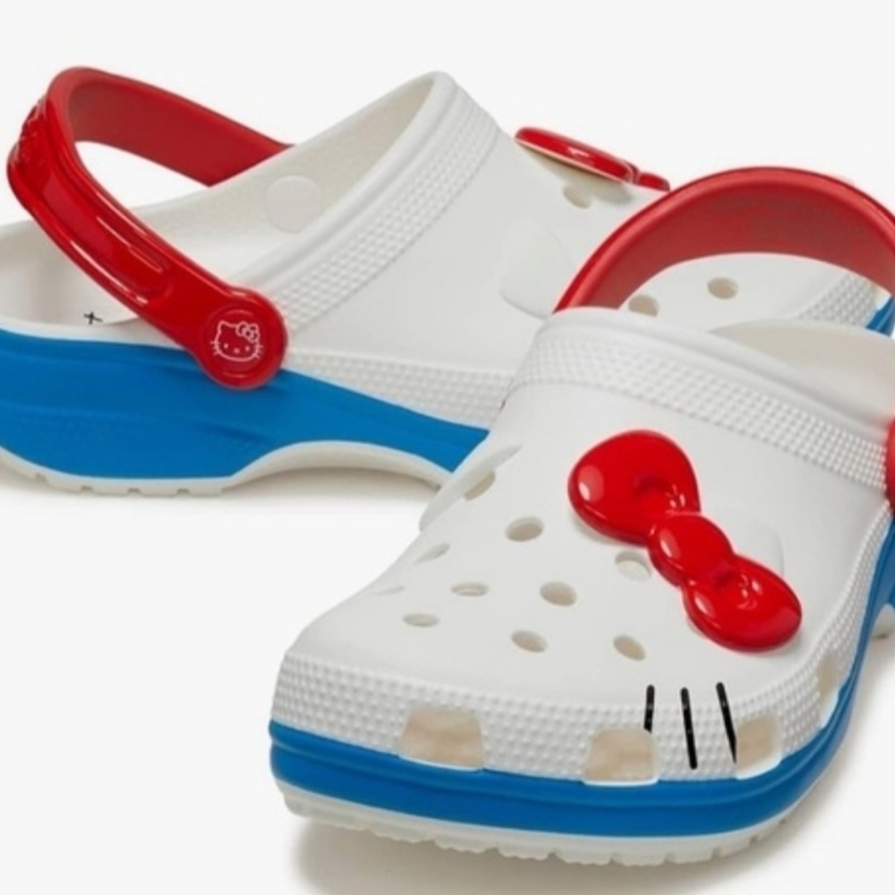 Hello Kitty Crocs Sandals Women's 13 Men's 11 White Red Bow Shoes Brand new